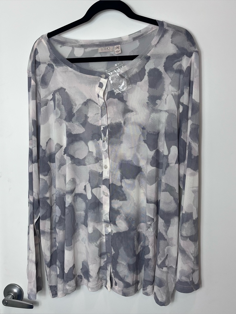 Logo Layer Lori Goldstein Gray Watercolor Button Sheer Button Blouse‎ 2X NWOT